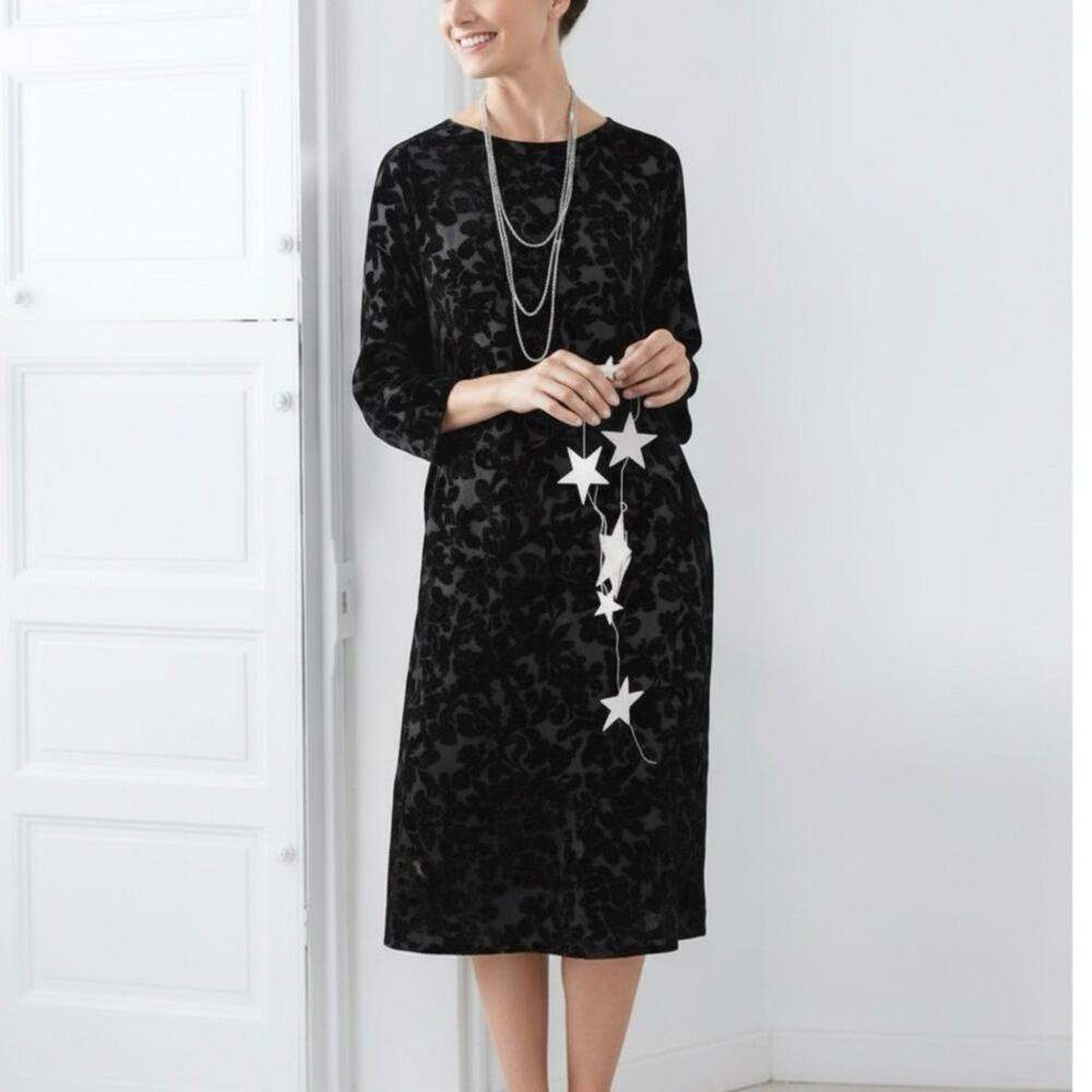Garnet Hill Dress Womens 6 Black Floral Sheer Velvet 3/4 Sleeve Shift Whimsical
